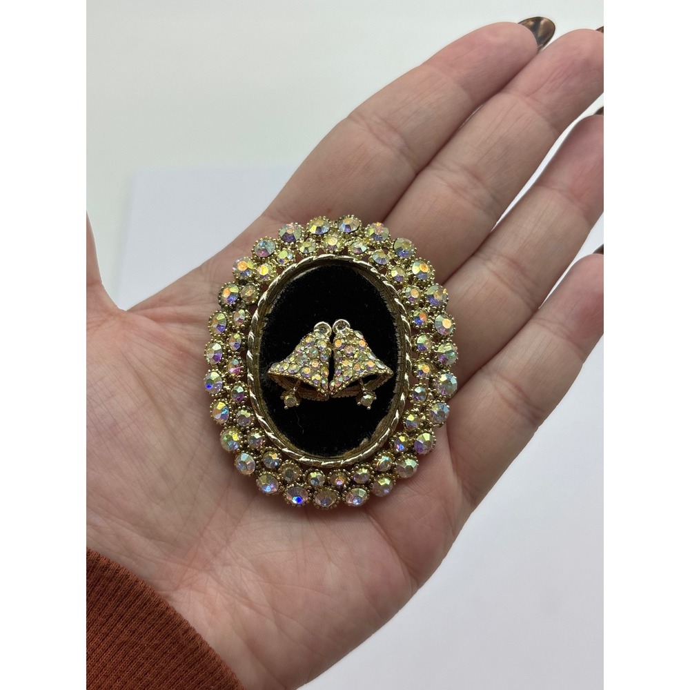 Vintage Gold Tone AB Rhinestone Bell Shadow Box Brooch Pendant Christmas Wedding